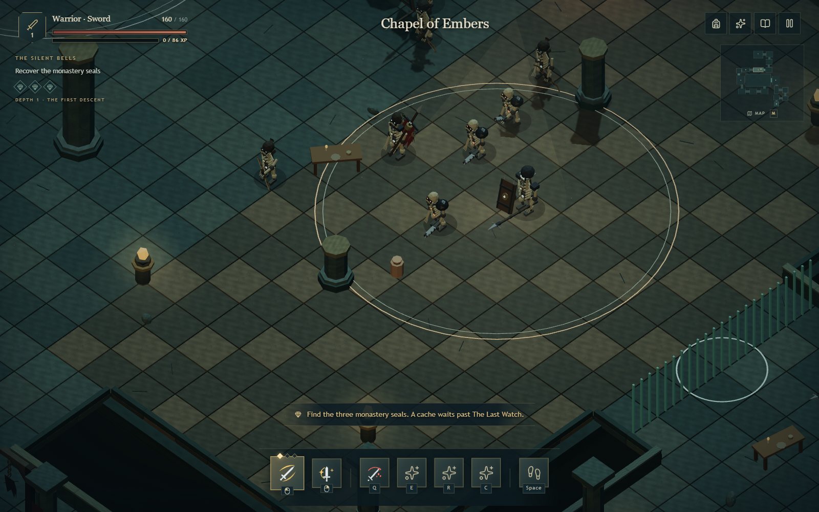 The hero surrounded by skeletal husks and pikemen in the Chapel of Embers