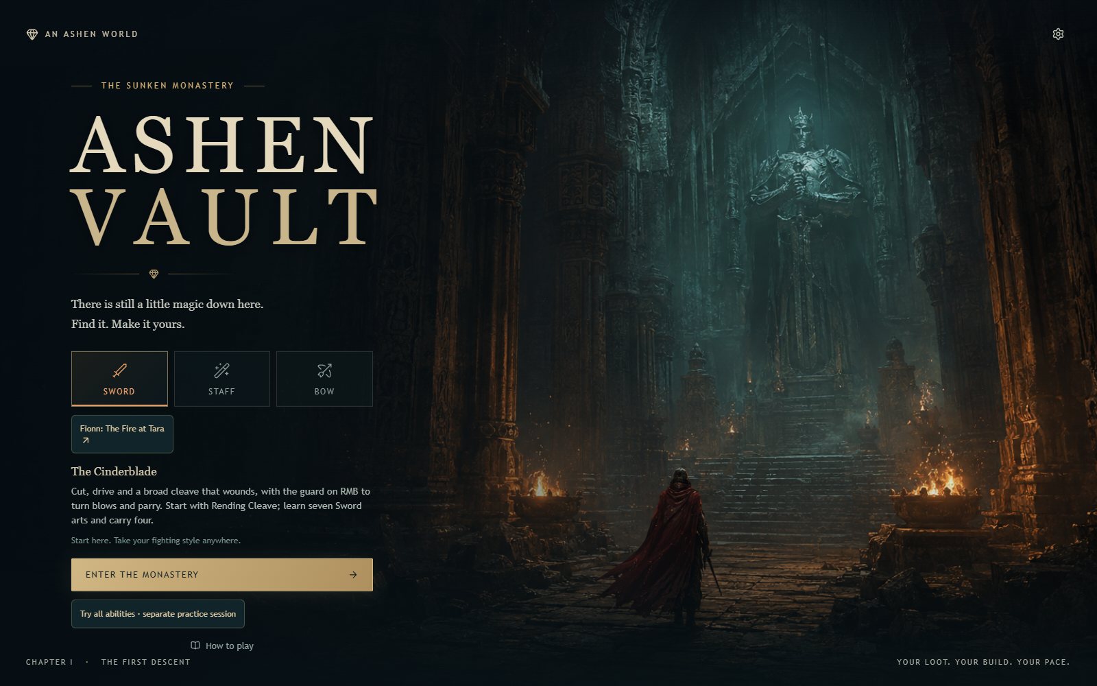 Ashen Vault title screen with a cloaked figure before a giant stone king
