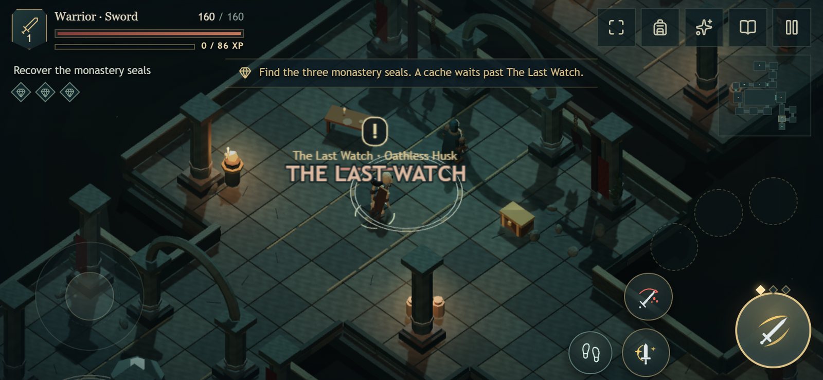 Ashen Vault on a phone in landscape: the hero faces The Last Watch beside a treasure cache, with a movement stick on the left and attack buttons on the right