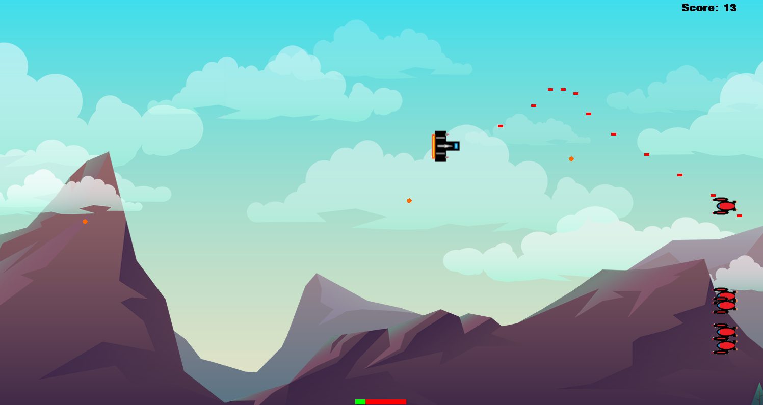 Gameplay with enemies, projectiles, and the score counter over the scrolling mountains