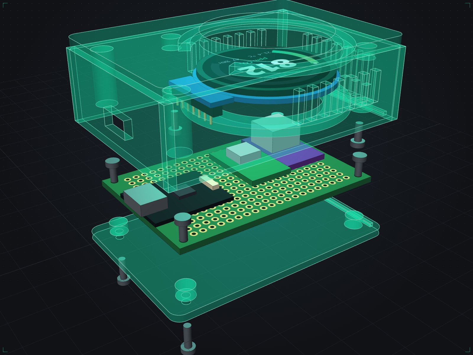 Rendered exploded view of the air-sensor enclosure: a proposed green case around the sensor board