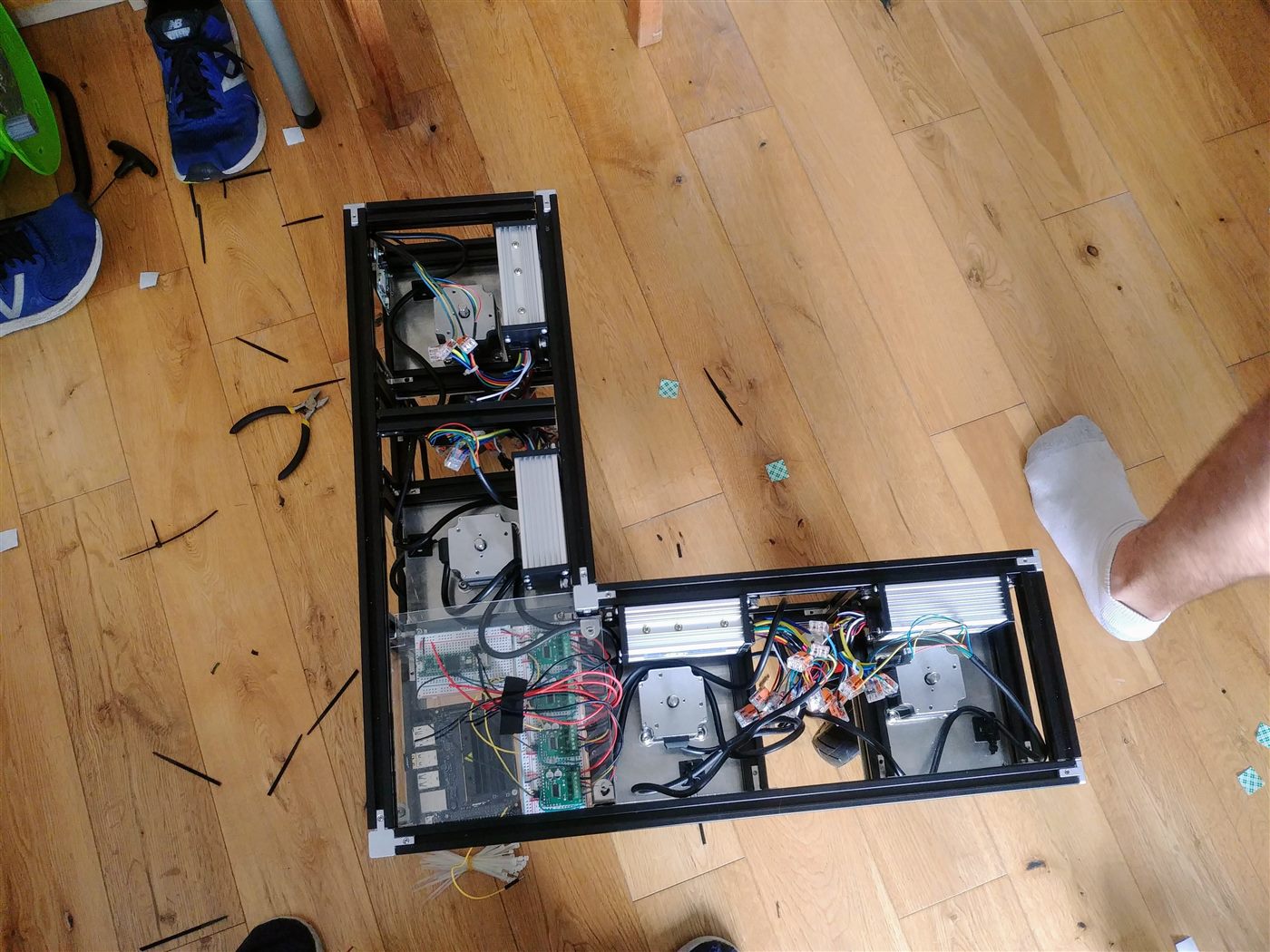Robot prototype electronics, motor drivers, controller boards, and colour-coded wiring